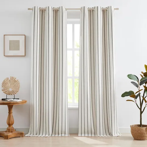Vista 17 de Cortinas cortas de lino texturizado con diseño de búfalo blanco y negro a cuadros, 100% opacas con forro, paneles de estilo granja