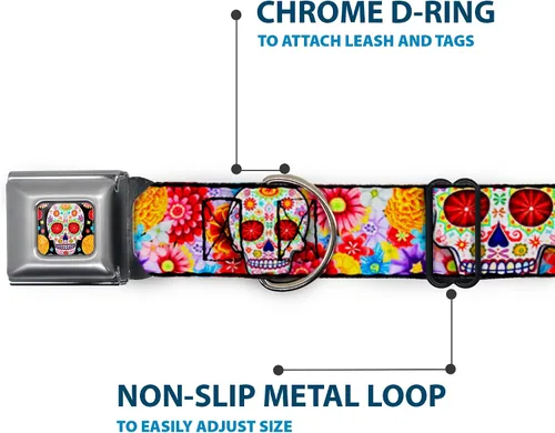 Vista 5 de Collar de perro hebilla de cinturón de seguridad Sugar Skull Starburst blanco multicolor 9 a 15 pulgadas 1.0 pulgadas de ancho