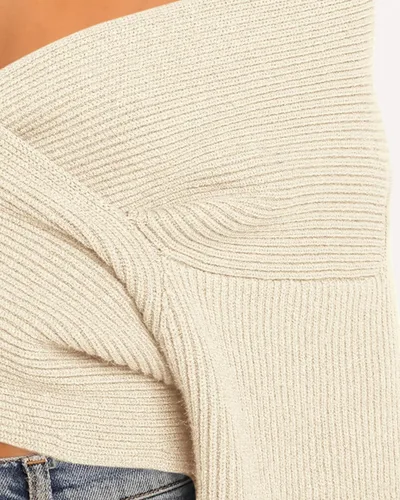 Vista 4 de BTFBM - Suéter casual para mujer con manga larga, cuello en V, frente cruzado, hombros descubiertos, dobladillo asimétrico, tejido de punto