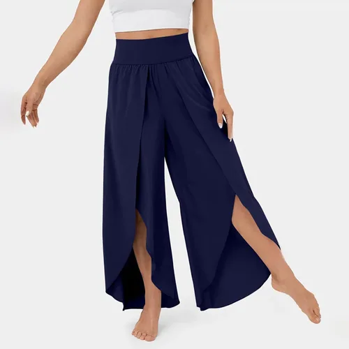 Vista 2 de Pantalones de pierna ancha para mujer, cintura elástica, pantalones de color sólido, pantalones de entrenamiento casuales de verano, pantalones