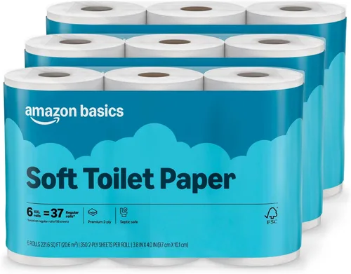 Vista 7 de Amazon Basics - Papel higiénico de 2 capas, 6 rollos = 24 rollos regulares, 350 hojas, (1 paquete de 6), sin perfume