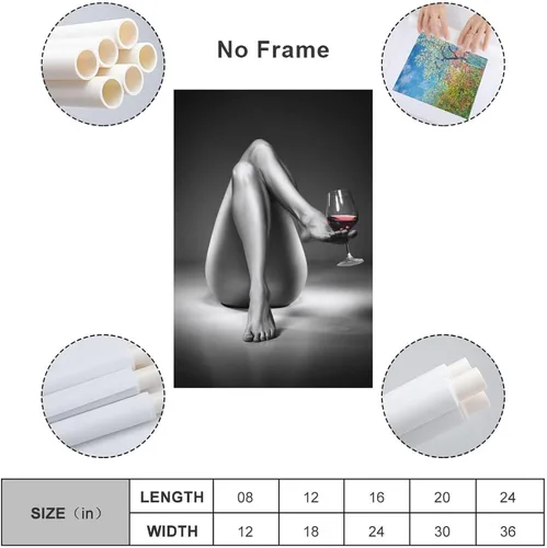 Vista 2 de Impresiones en lienzo con diseño de mujer desnuda, pintura de copa de vino en blanco y negro, póster de chica sexy, arte de pared, cuadro moderno