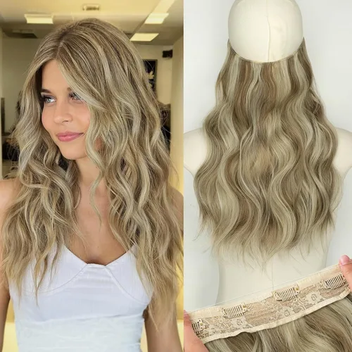Vista 104 de Extensiones de cabello con hilo invisible, diadema transparente, ajustables, 4 clips fijadores, cabello largo y ondulado de 12 pulgadas, balayage