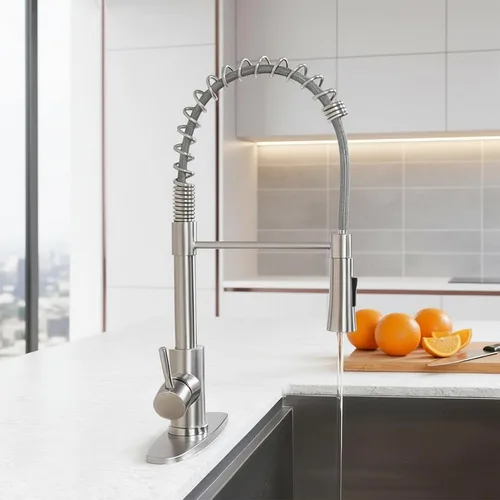 Vista 6 de KINGO HOME Grifo de fregadero de cocina con rociador extraíble, grifo de barra de acero inoxidable de níquel cepillado de una sola manija, grifos