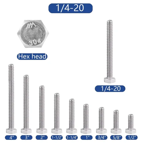 Vista 4 de Tornillo de cabeza hexagonal 1/4-20 x1 (20 unidades), tuercas de bloqueo, kits de arandelas planas y de bloqueo, acero inoxidable 304 18-8