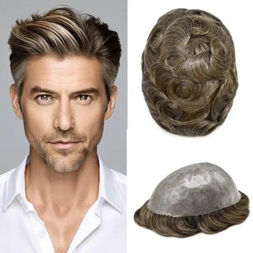 Vista 41 de Toupee para hombres Toupee - Sistema de reemplazo de cabello humano completo de poli piel fina para hombre, postizos inyectados PU para hombre