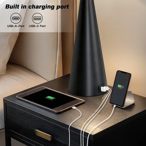 Vista 4 de Rinweey 28" Black Touch Table Lamp with USB A+C Ports, 3-Way Dimmable Bedroom Lamp for Night Stand, Tall Modern Touch Lamp for Living Room End