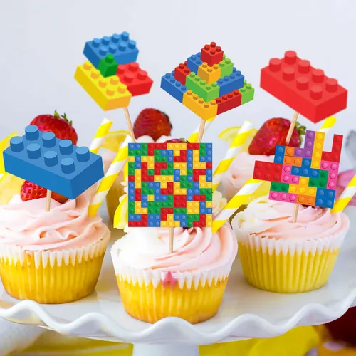 Vista 7 de 25 piezas de bloques de construcción con temática de feliz fiesta de cumpleaños, decoración de cupcakes, decoración de decoración de construcción