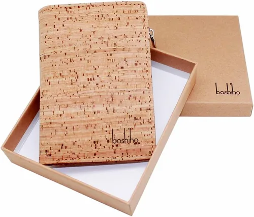 Vista 7 de boshiho Cartera de bloqueo RFID ecológica con corcho biplegable para tarjetas con monedero con cremallera y ventana de identificación (corcho) (01)