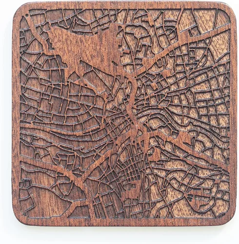 Vista 99 de Posavasos Amsterdam Map by O3 Design Studio, 1 pieza, posavasos de madera Sapele con mapa de la ciudad, hecho a mano, varias ciudades opcionales