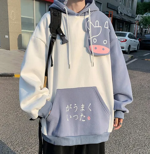 Vista 8 de Sudadera con capucha Kawaii de vaca de anime para hombres y mujeres, preppy Harajuku, letra japonesa, linda luz Academia Alt, dibujos animados