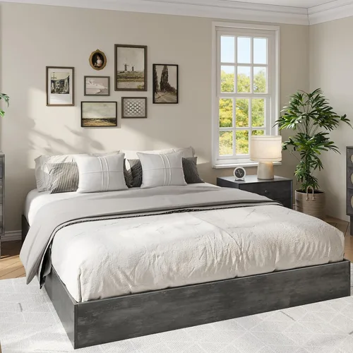 Vista 2 de IDEALHOUSE Marco de cama de plataforma tamaño individual, soporte de listones de madera, no necesita somier, fácil montaje Wooden Slat Support,No