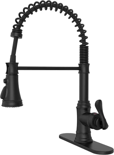 Vista 11 de BWE Grifo de cocina, grifo de fregadero de cocina con rociador extraíble, grifo de arco alto de una sola manija en negro y oro cepillado con 3 modos