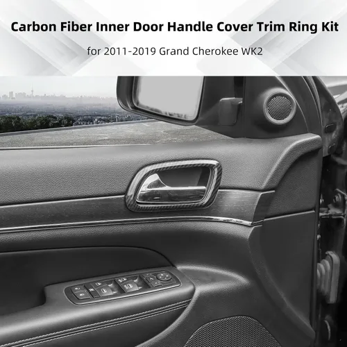 Vista 6 de Kit de anillo de ajuste de cubierta de manija de puerta interior de fibra de carbono, 4 piezas para Jeep Grand Cherokee 2011-2019