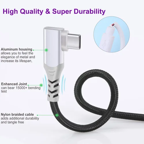 Vista 3 de Pofesun - Cable USB C [3 unidades, 6.6 pies] 3.1A tipo C cargador de carga rápida en ángulo recto, cable de carga USB C trenzado compatible