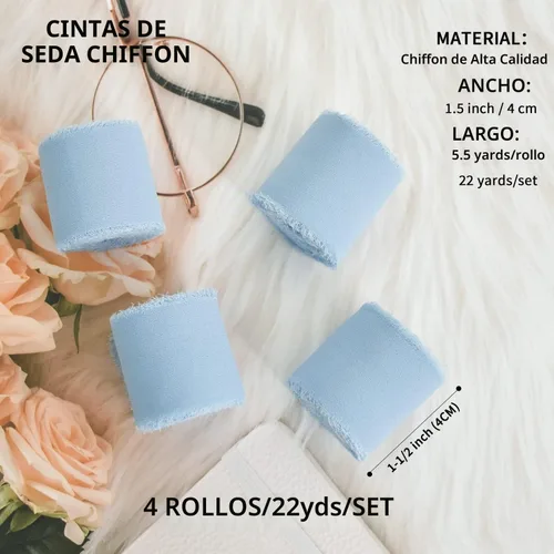 Vista 2 de TONIFUL 4 rollos de cinta de seda de gasa azul claro azul claro de 1-1/2 pulgadas, 22 yardas hechas a mano con flecos, juego de cintas de gasa
