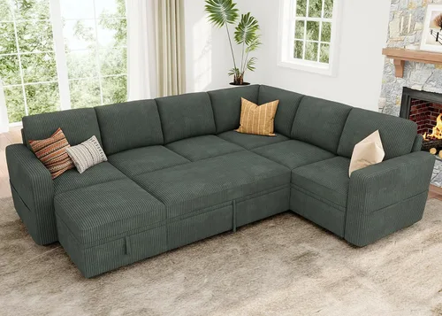 Vista 20 de HONBAY Sofá cama modular modular con cama extraíble, sofá en forma de L con almacenamiento, sofás modulares seccionales para sala de estar