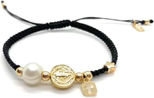 Vista 3 de Alea Collection Medalla protectora de San Benito con dijes sagrados de cuerda negra ajustable para mujer, Cuerda de algodón de lino, dije chapado