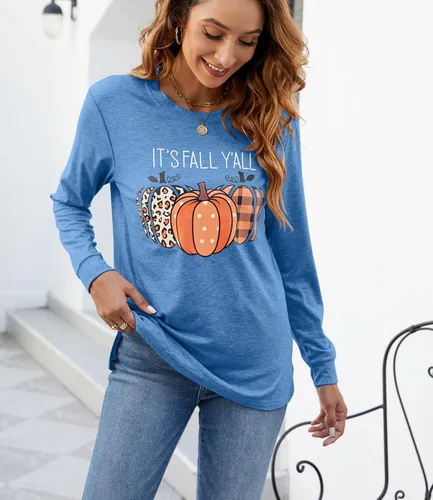 Vista 3 de Sudaderas con estampado de calabaza para mujer, cuello redondo, casual, manga larga para otoño