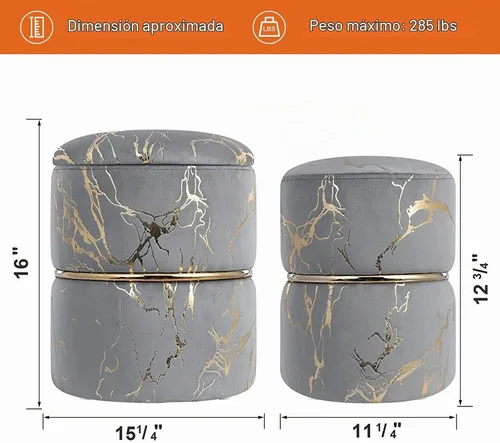 Vista 2 de Furniliving Juego de 2 otomanas redondas de terciopelo para almacenamiento, reposapiés moderno, tapizado, tela bronceada, taburete de tocador