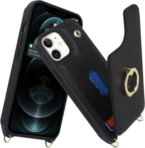 Vista 2 de Lipvina Funda tipo cartera cruzada para iPhone 12 Mini con correa, color negro