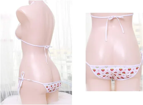 Vista 3 de Conjunto de lencería para mujer, mini bikini de fresa, con cordones, juego de rol, bikini de cuerda en T