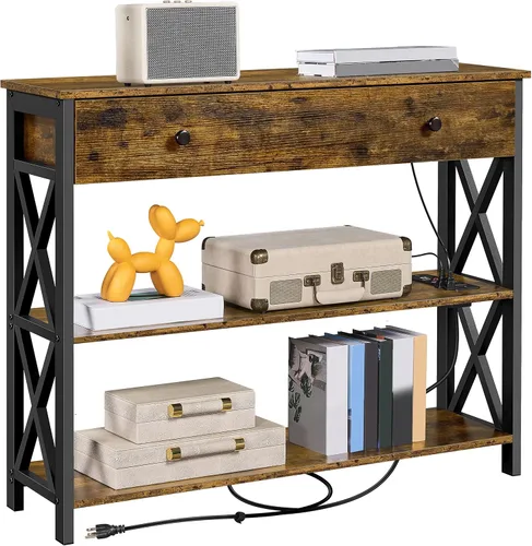 Vista 10 de Yaheetech Mesa consola con tomas de corriente y puertos USB, mesa de entrada de madera con cajón y estantes abiertos, mesas de sofá estrechas