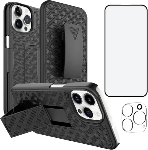 Vista 18 de Ailiber - Funda con clip para cinturón para iPhone 13/14, protector de pantalla, color negro Swivel Stand Holder, Slim Shell Slide Pouch Full Body
