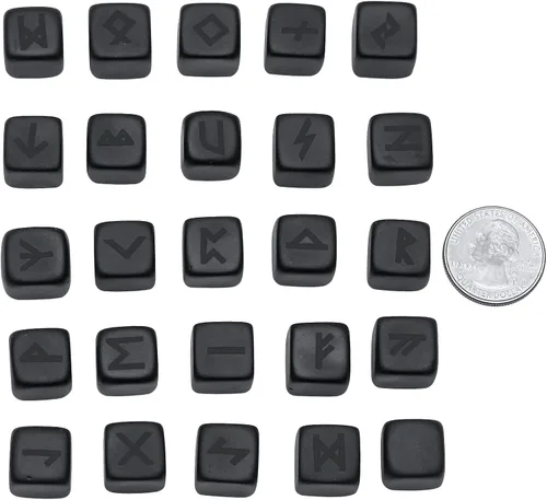 Vista 2 de Rockcloud Juego de 25 piedras de runa de obsidiana negra pulida, grabadas con letras del alfabeto Futhark para meditación, adivinación, color negro