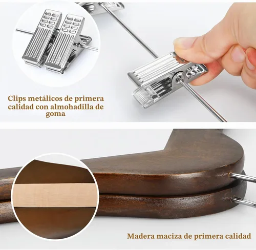 Vista 2 de TOPIA HANGER Perchas de madera para trajes con clips de metal ajustables (paquete de 10), perchas de ropa de madera maciza, gancho giratorio