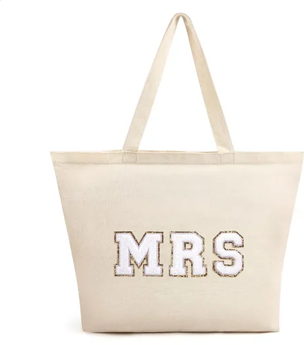 Vista 8 de izuzta Bolsa de lona de felpilla para mujeres y niñas, bolsa de maquillaje grande y bonita de viaje con cremallera y asa, Señora, beige