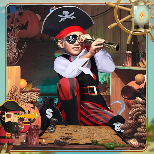 Vista 4 de Hillban Disfraz de pirata para niños, juego de rol, vestido de pirata, suministros de fiesta de cumpleaños, accesorios y juguetes para fiestas