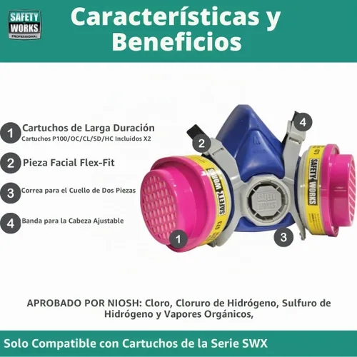 Vista 3 de Safety Works - Máscara respiratoria multiusos Niosh Ov/AG/P100 SWX00320