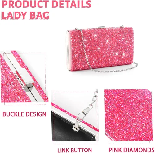 Vista 6 de ELABEST Bolso de mano de noche con purpurina con diamantes de imitación, bolso cruzado para bodas y fiestas para mujeres y niñas