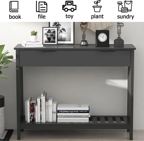 Vista 3 de TaoHFE Mesa de entrada negra con cajón, mesa consola estrecha moderna de madera con almacenamiento, mesa de pasillo, mesas de sofá para sala