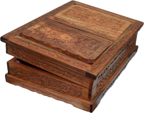 Vista 9 de Santo plegable libro soporte madera tallada a mano Rehal caja para el Corán, Biblia, Gita, Gurugr