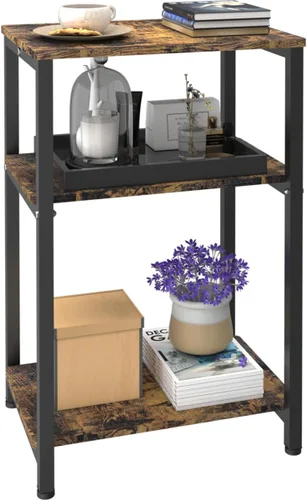 Vista 11 de Mesa auxiliar de 2 niveles, mesa auxiliar resistente con estantes, mesa de noche estrecha para espacios pequeños, mesa de tocadiscos para Negro