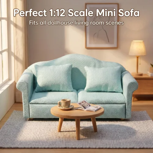 Vista 4 de Sofá de casa de muñecas, muebles en miniatura, sofá con almohadas para sala de estar, decoración de escritorio, sofá de tela, mini accesorios