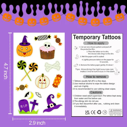 Vista 6 de Partywind Decoraciones de fiesta de Halloween brillantes para niños, 125 estilos, tatuajes luminosos de Halloween con calabaza/zombi/fantasma