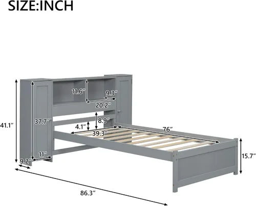 Vista 2 de Cama de plataforma de tamaño individual con cabecera de almacenamiento y taquillas, cabecera de almacenamiento multifuncional con 3 estantes Gris-t