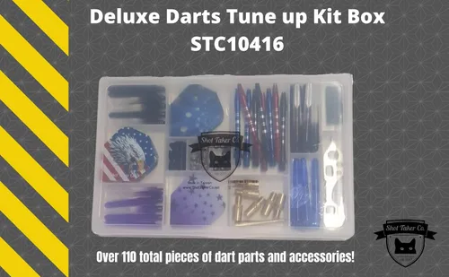 Vista 2 de Caja de kit de afinación de dardos de lujo Vuelos, sacapuntas, ejes, juntas tóricas, protectores de vuelo, accesorios (10416-Essential)