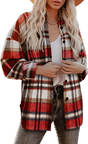 Vista 11 de Beaully Chaqueta-Camisa de Franela a Cuadros para Mujer, Trajes de Otoño 2025, Camisa de Manga Larga con Botones, Chaqueta Abrigo con Bolsillos Negro