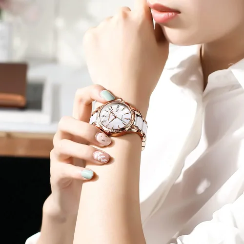 Vista 2 de OLEVS Relojes automáticos para mujer, reloj de cuerda automática para mujer, cerámica de acero inoxidable, relojes de pulsera mecánicos