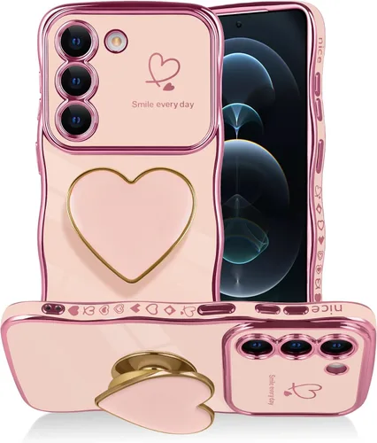 Vista 39 de Funda para Samsung Galaxy S22 Love-Heart Holder Case Cute Black Luxury Wave Frame forma rizada con corazón de amor, cubierta protectora de TPU suave