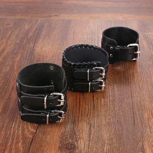 Vista 6 de Cupimatch 3 pulseras de cuero ajustables negras, pulsera de cuero ancho punk rock para hombres para el día del padre