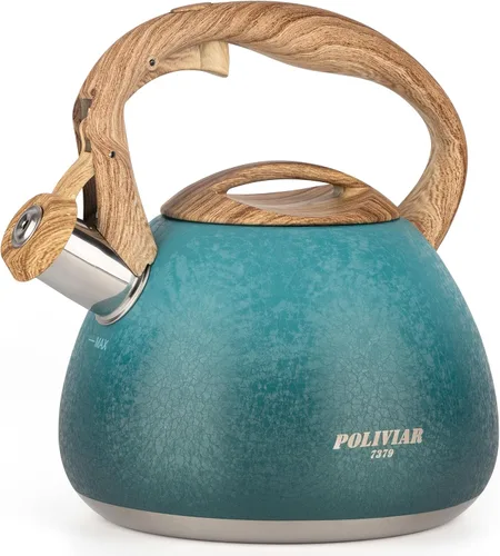 Vista 11 de POLIVIAR Hervidor de té, 2.7 cuartos de galón con acabado azul y mango de madera con silbato fuerte, tetera de acero inoxidable de grado