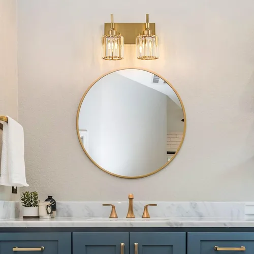 Vista 5 de Lámparas de baño doradas, 2 lámparas de tocador de cristal para baño, luces modernas de latón sobre espejo