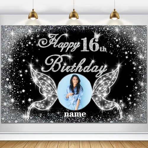 Vista 113 de Cartel personalizado de decoración de fiesta de cumpleaños número 100 - tema de alas de ángel - negro y plateado HY-NLK-100º