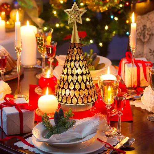 Vista 5 de Árbol de Navidad de vidrio con mosaico dorado con estrella, 2 piezas de árboles de Navidad pequeños de mesa con luz, árbol de Navidad a