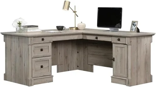 Vista 4 de Pemberly Row Escritorio contemporáneo en forma de L de madera de diseño contemporáneo de 65 x 69 pulgadas con almacenamiento, cajones, panel Roble